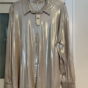 Anthropologie Metallic Button Down Shirt - Silver
